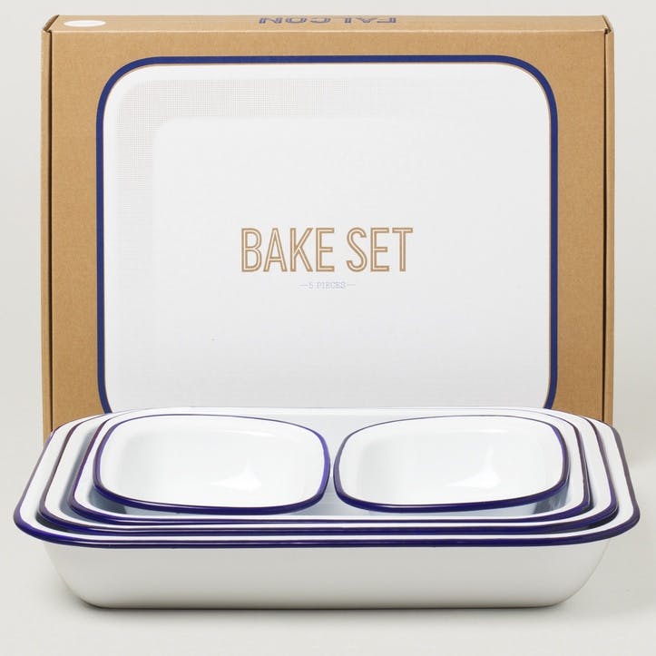 Enamel 5 Piece Bake Set, White with Blue Rim