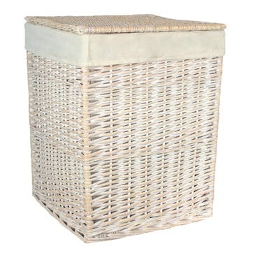 Square White Wash Laundry Hamper With White Lining, Large