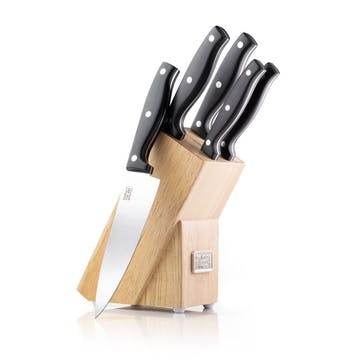 Tang 5 Piece Kitchen Knife & Rubberwood Knife Block Set, Black