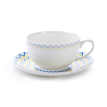 Cappuccino cup and saucer, H7.5 x D11cm, Jo Deakin LTD, Wave, yellow/blue