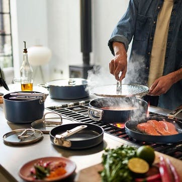 Space Folding Handle Ceramic Non-Stick 6 Piece Cookware Set, Midnight Blue