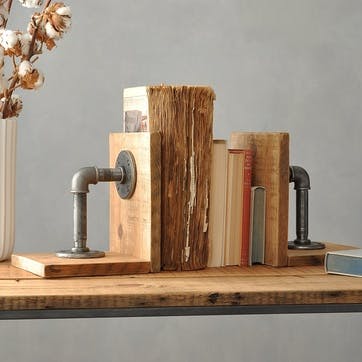 Industrial Wood And Steel Bookends, Set of 2 - 22 x 19cm; Natural