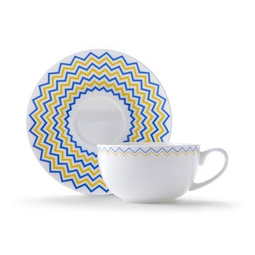 Cappuccino cup and saucer, H7.5 x D11cm, Jo Deakin LTD, Wave, yellow/blue