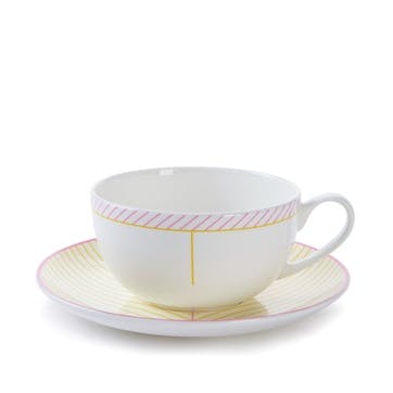 Cappuccino cup and saucer, Jo Deakin LTD, Ebb, pink/yellow