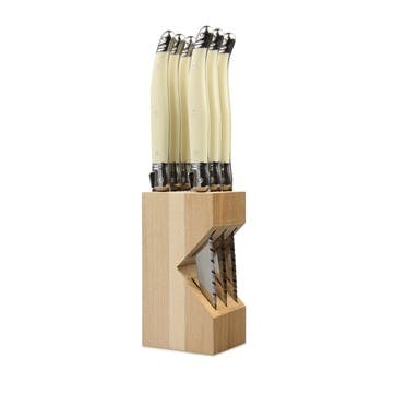 Steak Knives In Wooden Block, Ivory, 6 Piece