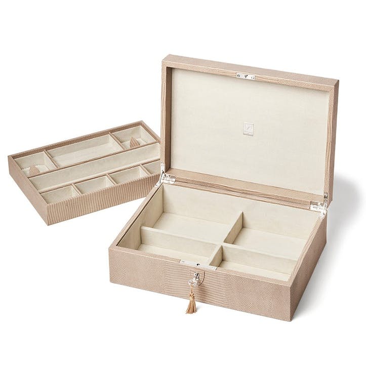 Grand Luxe Jewellery Case L24 x W33cm, Latte Lizard