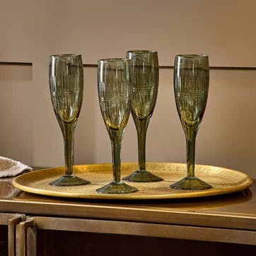 Mila Set of 4 Tall Champagne Glasses, Dark Emerald