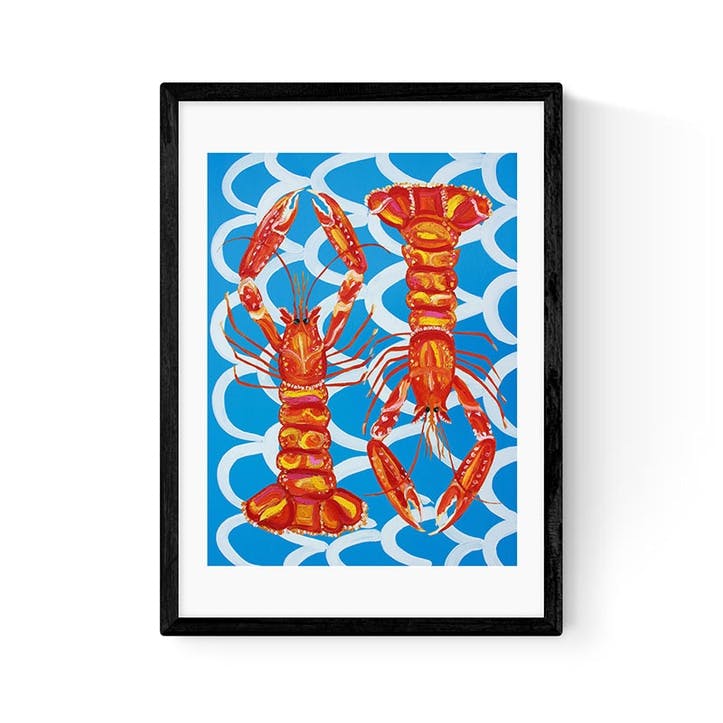 Alice Straker Langoustines on Blue Wavey Framed Art Print, Multi