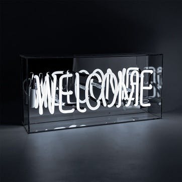 Neon Box Welcome Glass Sign H38 x W19cm, White