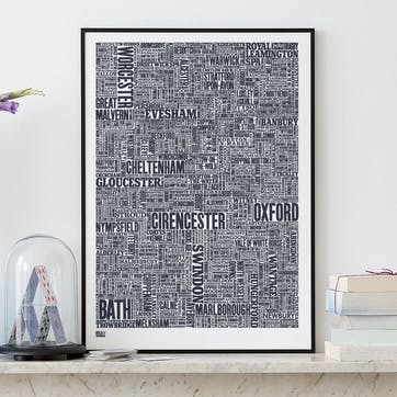 Type Map Screen Print Cotswolds and Beyond, 50cm x 70cm, Sheer Slate