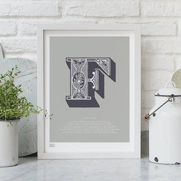 Illustrated Letter F Screen Print, 30cm x 40cm, Putty