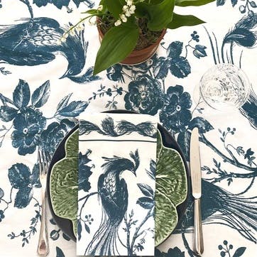Birds in Paradise Cotton Tablecloth 170 x 350cm, Blue