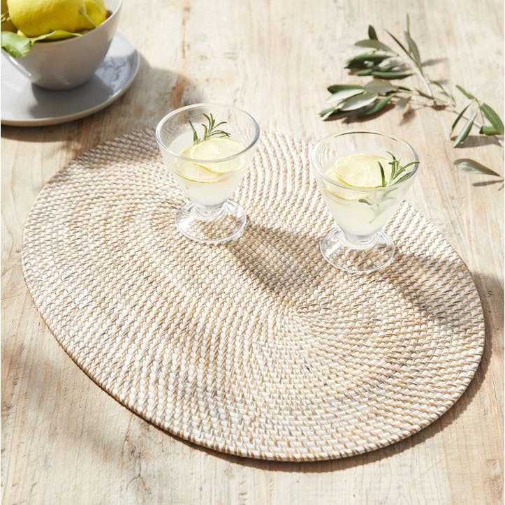 Whitewashed Oval Rattan Placemat