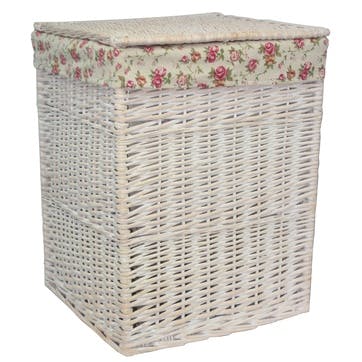 Square White Wash Laundry Hamper With Garden Rose Lining, Large