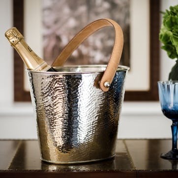 Leather Handled Wine Cooler; Champagne Hammered