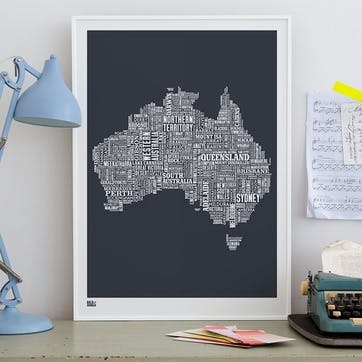 Type Map Screen Print Australia, 50cm x 70cm, Sheer Slate