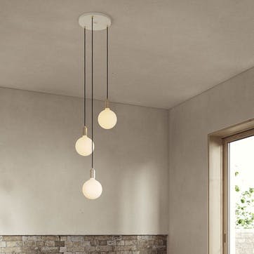 Canopy & Sphere Bulb Triple Ceiling Plate & Pendant Set L400 x W25cm White & Brass