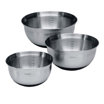 Set of 3 Mixing Bowls, 1, 1.6 & 3 Litre, Matt Steel