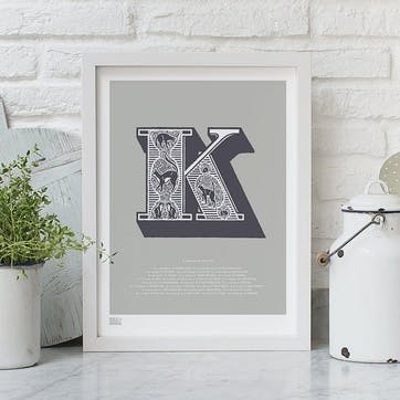 Illustrated Letter K Screen Print, 30cm x 40cm, Putty
