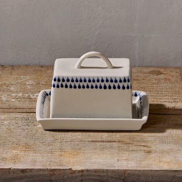 Indigo Drop Butter Dish, Cream & Blue