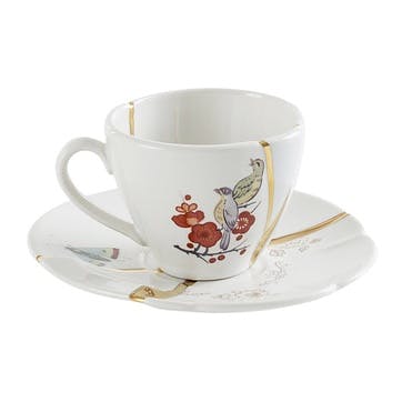 Coffee cup and saucer, Seletti, Kintsugi - No2, white/gold