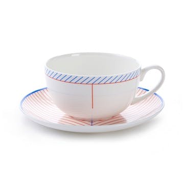 Cappuccino cup and saucer, H7.5 x D11cm, Jo Deakin LTD, Ebb, red/blue