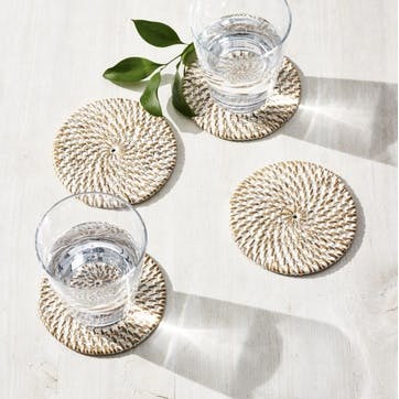 Whitewashed Rattan Coasters, Set of 4