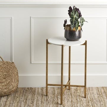 Marble Effect Stone Side Table; White and Gold