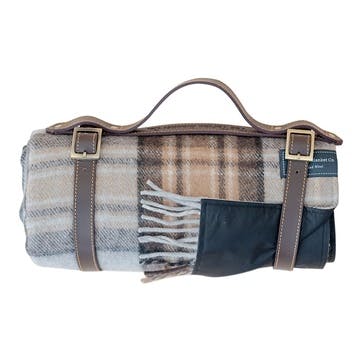 Recycled Wool Picnic Blanket with Brown Leather Carrier 140 x 190cm, Mackellar Tartan