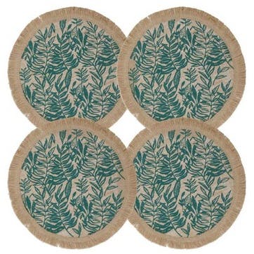 Leaf Hessian Jute Set of 4 Woven Placemats D42cm, Green