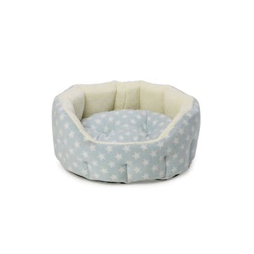 Star Print Oval Fleece Lined Snuggle Pet Bed, S, Baby Blue
