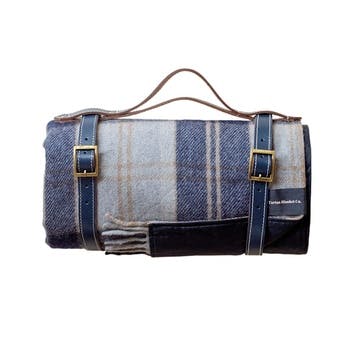 Recycled Wool Picnic Blanket with Brown Leather Carrier 140 x 190cm, Bannockbane Silver Tartan