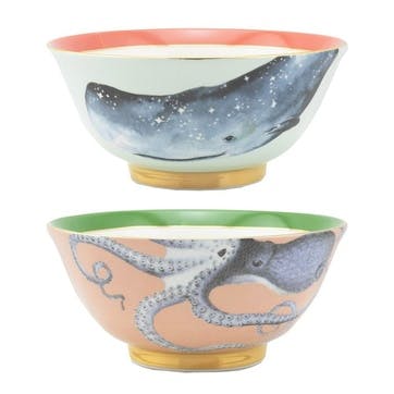 Under The Sea Set of 2 Rice Bowls with Chopsticks, D15cm, Pastel