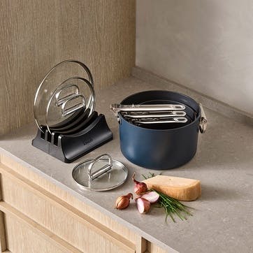 Space Folding Ceramic Non-Stick 3 Piece Saucepan Set, Midnight Blue