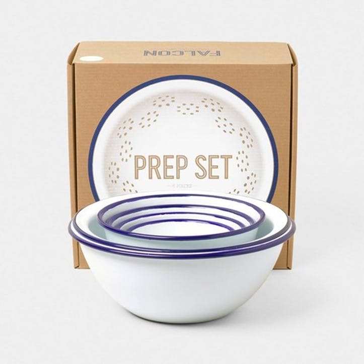 Enamel 6 Piece Prep Set, White with Blue Rim