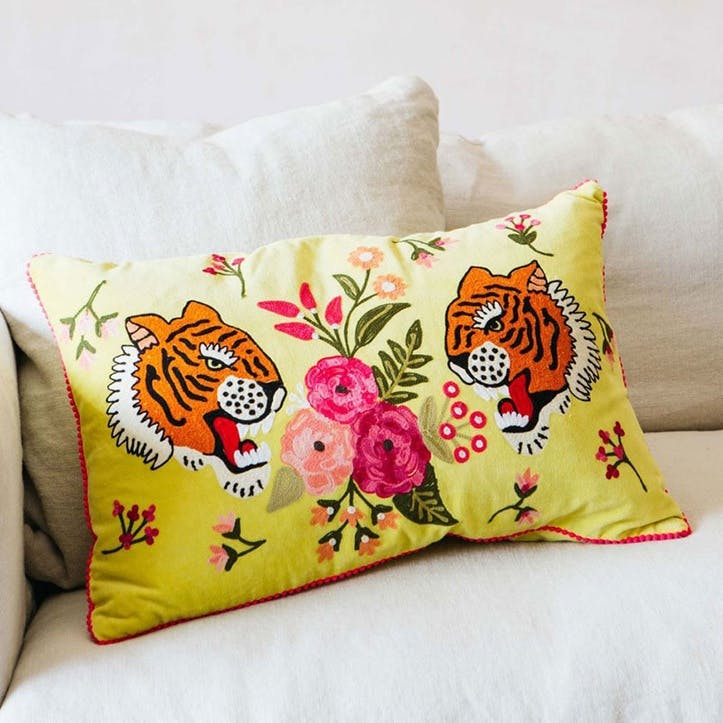 Velvet Tiger Cushion 40 x 60cm, Yellow