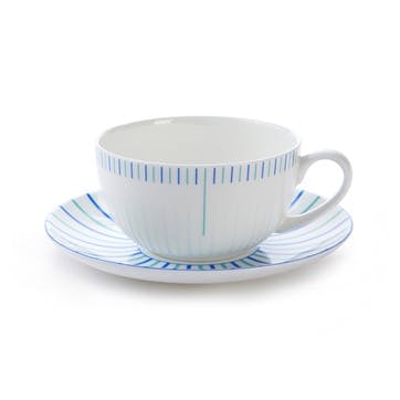 Cappuccino cup and saucer, H7.5 x D11cm, Jo Deakin LTD, Burst, blue/turquoise