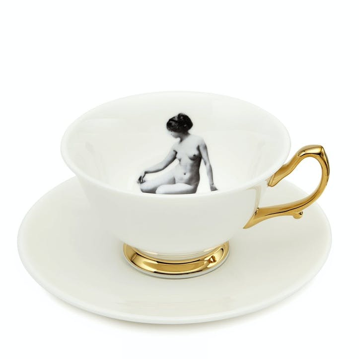 Modern Surrealist Girl in a Cup Tea Cup & Saucer