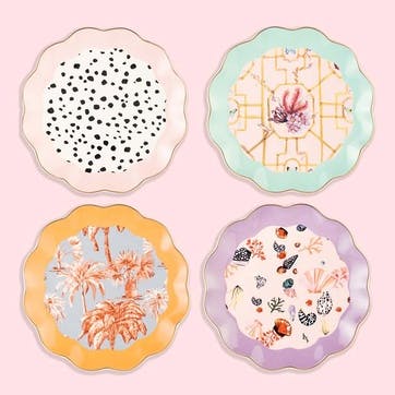 Mixed Print Set of 4 Scalloped Cake Plates, Multi
