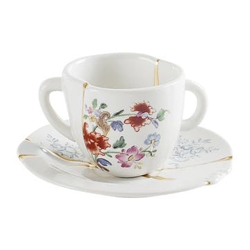 Coffee cup and saucer, Seletti, Kintsugi - No1, white/gold