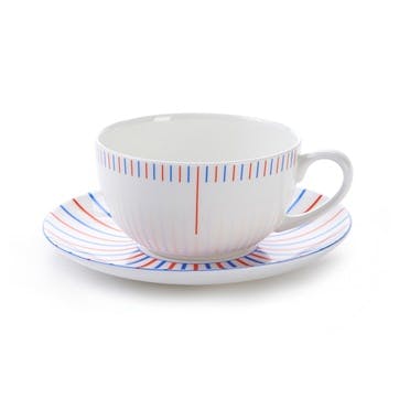 Cappuccino cup and saucer, H7.5 x D11cm, Jo Deakin LTD, Burst, red/blue