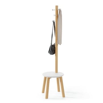 Pillar Coat Rack with Stool H165cm, White & Natural