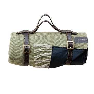 Recycled Wool Picnic Blanket with Brown Leather Carrier 145 x 190cm, Olive Herringbone