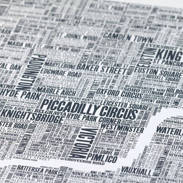 Type Map Screen Print London, 50cm x 70cm, Sheer Slate