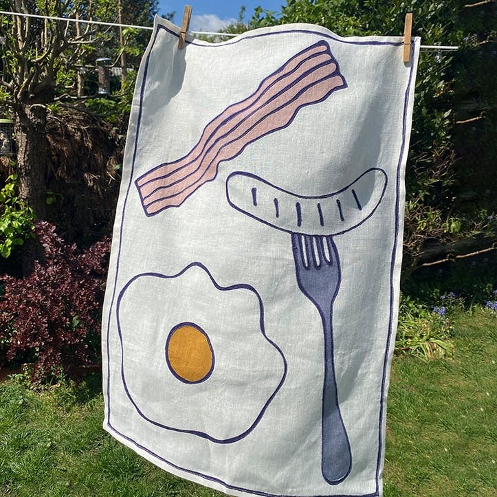 Egg & Bacon Tea Towel 50 x 70cm, White/Blue