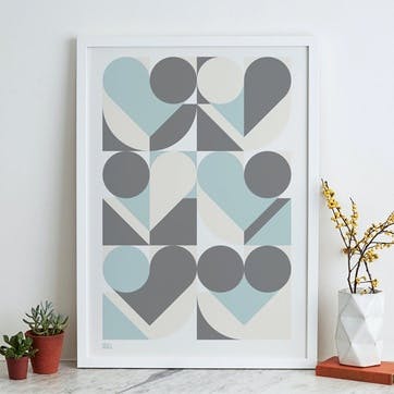 Geometric Heart Screen Print, 50cm x 70cm, Duck Egg Blue/ Grey