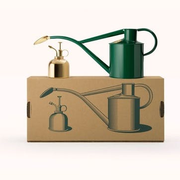 The Rowley Ripple & Smethwick Spritzer Watering Can & Sprayer Gift Set 1L, Green & Brass