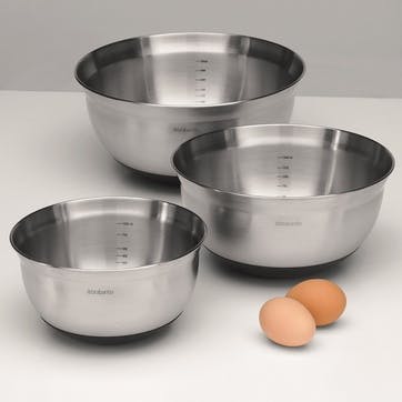 Set of 3 Mixing Bowls, 1, 1.6 & 3 Litre, Matt Steel