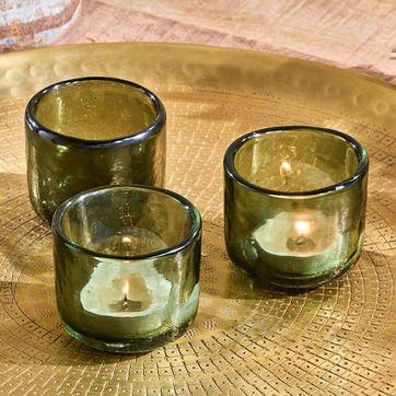 Irda Set of 3 Small Glass Tealights, Dark Emerald