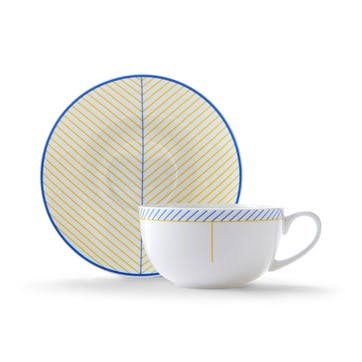 Cappuccino cup and saucer, H7.5 x D11cm, Jo Deakin LTD, Ebb, yellow/blue